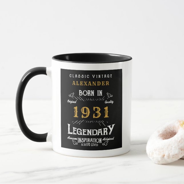 90th Birthday Born 1931 Retro Black Personalized Mug (With Donut)