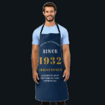 90th Birthday Born 1932 Add Name Blue Gold Man's Apron<br><div class="desc">A personalized classic blue apron design for that birthday celebration for somebody born in 1932 and turning 90. Add the name to this vintage retro style blue, white and gold design for a custom 90th birthday gift. Easily edit the name and year with the template provided. A wonderful custom birthday...</div>