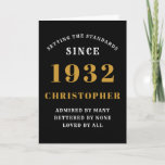 90th Birthday Born 1932 Black Gold Name Year Card<br><div class="desc">For those born in 1932 and celebrating their 90th anniversary we have the ideal greeting card. The black background with a white and gold design is simple and yet elegant. Easily customize the text to the front and the interior of this card using the template provided. Part of the setting...</div>