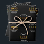 90th Birthday born 1935 Add Name Black Gold Wrapping Paper Sheet<br><div class="desc">A personalized wrapping paper design for that birthday celebration for a special person. Add the name to this vintage retro style black and gold design for a custom birthday gift. Easily edit the name and year with the template provided. A wonderful custom birthday gift. More gifts and party supplies for...</div>