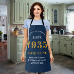 90th Birthday Born 1935 Blue And Gold Apron<br><div class="desc">A personalized classic blue apron design for that birthday celebration for somebody born in 1935 and turning 90. Add the name to this vintage retro style blue and gold design for a custom 90 birthday gift. Easily edit the name and year with the template provided. A wonderful custom birthday gift....</div>