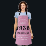 90th Birthday Born 1935 Pink Black Lady's Apron<br><div class="desc">A personalized classic pink apron design for that birthday celebration for somebody born in 1935 and turning 90. Add the name to this vintage retro style pink, white and black design for a custom 90 birthday gift. Easily edit the name and year with the template provided. A wonderful custom birthday...</div>