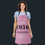 90th Birthday Born 1935 Pink Black Lady's Apron<br><div class="desc">A personalized classic pink apron design for that birthday celebration for somebody born in 1935 and turning 90. Add the name to this vintage retro style pink, white and black design for a custom 90 birthday gift. Easily edit the name and year with the template provided. A wonderful custom birthday...</div>