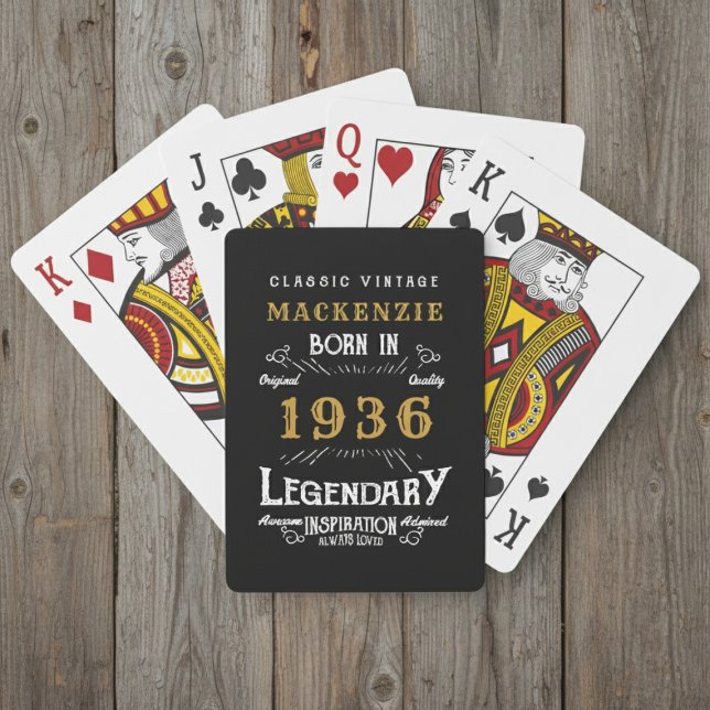 90th Birthday Born 1936 Legend Black Gold Playing Cards (Born 1936 playing card. Wood background.)