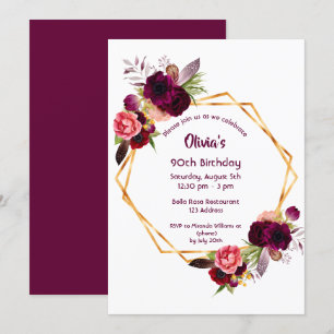 90th birthday burgundy florals gold geometric invitation
