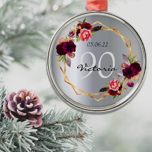 90th birthday burgundy florals gold silver metal ornament