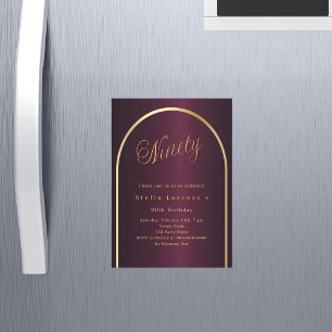 90th birthday burgundy gold arch script luxury magnetic invitation