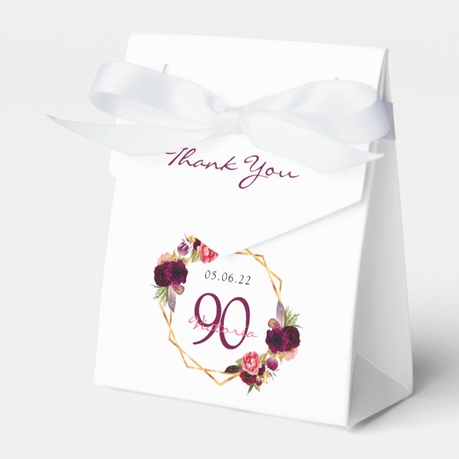 90th Birthday burgundy gold geometric floral white Favor Box (Front Side)