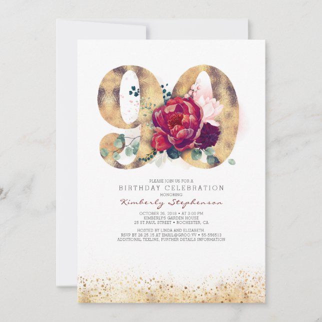 90th Birthday Burgundy Red and Gold Glitters Invitation (Front)
