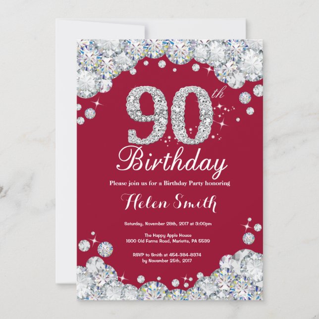 90th Birthday Burgundy Red and Silver Diamond Invitation (Front)