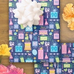 90th Birthday Cake Presents Balloons Blue Wrapping Paper Sheet<br><div class="desc">90th birthday bright pastel pink,  blue,  green,  purple and orange party cake,  presents and balloons. Each present has the number 90 on it to make the birthday girl feel special. Butterflies,  flowers,  xo's,  and hearts are added throughout the pattern. Pretty girly wrapping paper for a 90th birthday celebration.</div>