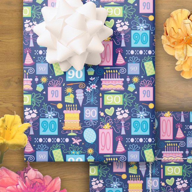 90th Birthday Cake Presents Balloons Blue Wrapping Paper Sheet (Creator Uploaded)