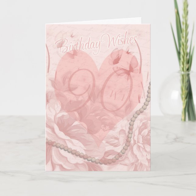 90th Birthday Card, Pink Floral, Heart With Butter Card (Front)