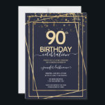 90th Birthday Celebration blue and gold Invitation<br><div class="desc">Elegant Faux gold border with shimmering confetti highlights on the top border. All text is adjustable and easy to change for your own party needs. Great elegant 90th birthday template design.</div>