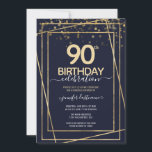 90th Birthday Celebration blue and gold Invitation<br><div class="desc">Elegant Faux gold border with shimmering confetti highlights on the top border. All text is adjustable and easy to change for your own party needs. Great elegant 90th birthday template design.</div>