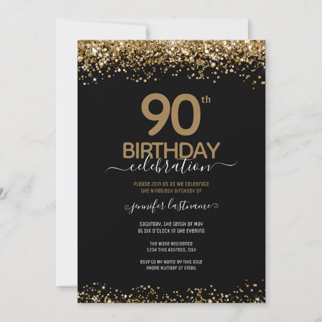 90th Birthday Celebration Gold Glitter Invitation (Front)