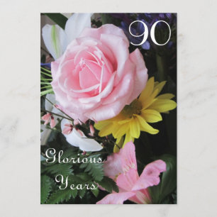 90th Birthday Celebration!-Pink Rose Bouquet Invitation