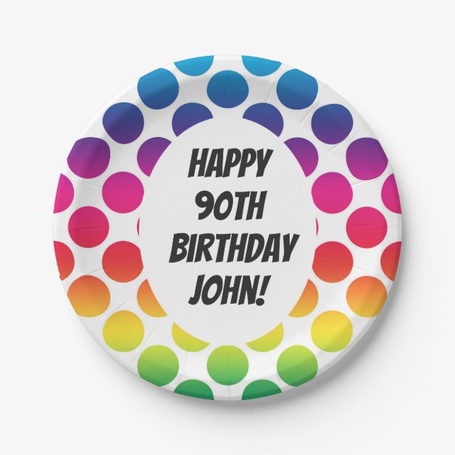 90th Birthday Celebration With Colourful Circles Paper Plate (Front)
