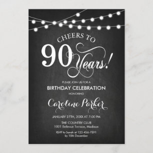 90th Birthday - Chalkboard Black White Invitation