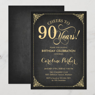 90th Birthday - Chalkboard Gold Invitation