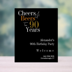 90th Birthday Cheers and Beers Black Gold Welcome Acrylic Sign