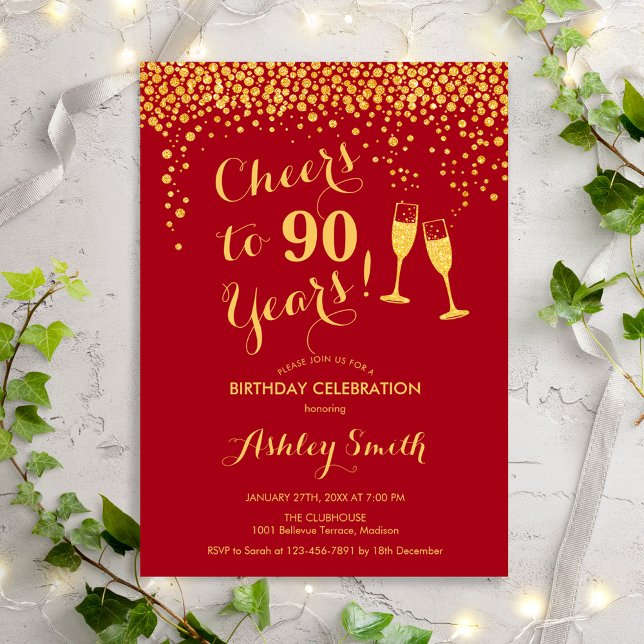 90th Birthday - Cheers To 90 Years Gold Red Invitation (Creator Uploaded)
