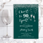 90th Birthday - Cheers To 90 Years Silver Green Invitation<br><div class="desc">90th Birthday Invitation. Cheers To 90 Years! Elegant design in green,  white and silver. Features champagne glasses,  script font and glitter silver confetti. Perfect for a stylish ninetieth birthday party. Personalize with your own details. Can be customized to show any age.</div>