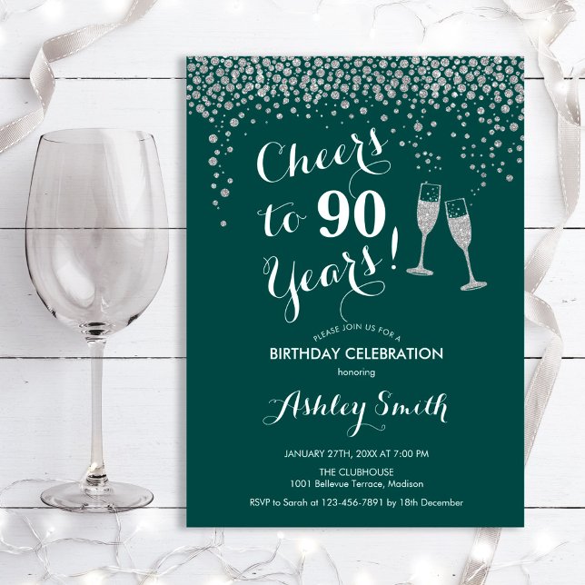 90th Birthday - Cheers To 90 Years Silver Green Invitation (Creator Uploaded)