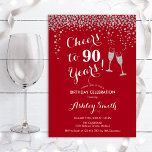 90th Birthday - Cheers To 90 Years Silver Red Invitation<br><div class="desc">90th Birthday Invitation. Cheers To 90 Years! Elegant design in red,  white and silver. Features champagne glasses,  script font and glitter silver confetti. Perfect for a stylish ninetieth birthday party. Personalize with your own details. Can be customized to show any age.</div>