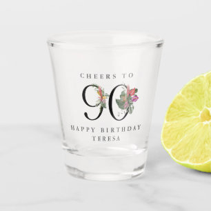 90th Birthday Cheers with Name Tropical Floral Shot Glass