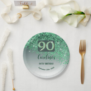 90th Birthday Chic Falling Green Glitter Paper Plate