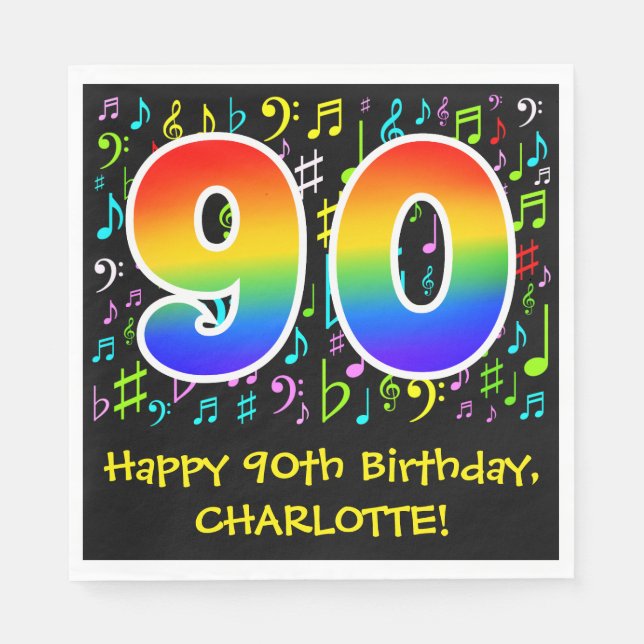 90th Birthday - Colourful Music Symbols, Rainbow 9 Napkin (Front)