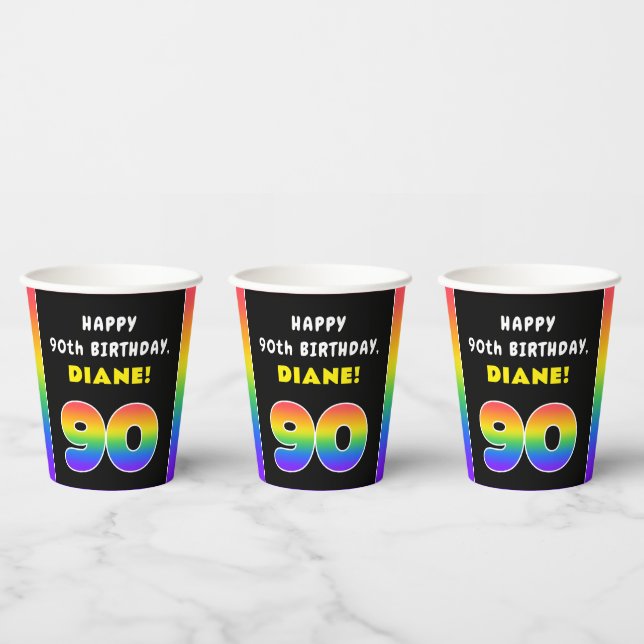 90th Birthday: Colourful Rainbow # 90, Custom Name Paper Cups (Multi)