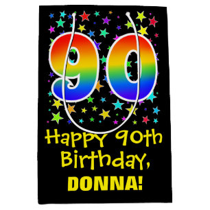 90th Birthday: Colourful Stars Pattern & Rainbow 9 Medium Gift Bag