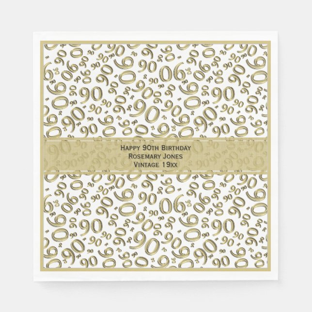 90th Birthday Cool Number Pattern Gold/White Napkin (Front)