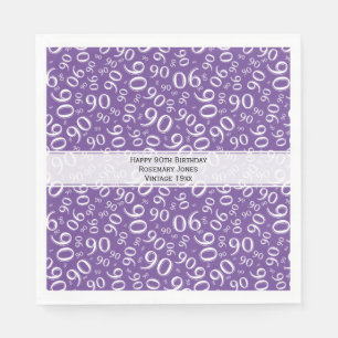 90th Birthday Cool Number Pattern Purple/White Napkin