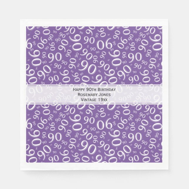 90th Birthday Cool Number Pattern Purple/White Napkin (Front)