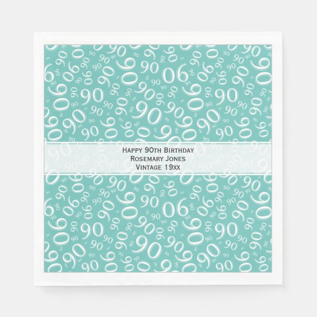 90th Birthday Cool Number Pattern Teal/White Napkin (Front)