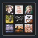 90th birthday custom photo collage family black square wall clock<br><div class="desc">A wall clock as a gift for a 90th birthday for a guy,  celebrating his life with a collage of 8 of your own photos.  Personalize and add age 90,  and a date.  Date of birth or the date of the anniversary.  White coloured letters.  Black background.</div>