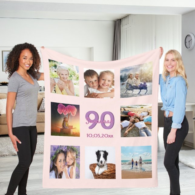 90th birthday custom photo collage rose gold pink fleece blanket (Creator Uploaded)