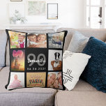 90th birthday custom photo collage woman black throw pillow<br><div class="desc">A unique gift for a womans 90th birthday, celebrating her life with a collage of 8 of your own photos, pictures. Personalize and add her name, age 90 and a date. A chic black background. Grey and white letters and numbers. The name is written with a modern hand lettered style...</div>