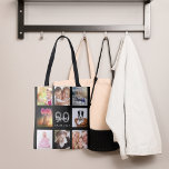 90th birthday custom photo collage woman black tote bag<br><div class="desc">A unique gift for a woman's 90th birthday, celebrating her life with a collage of 8 of your own photos, pictures. Personalize and add her name, age 90 and a date. A chic black background. Grey and white letters and numbers. The name is written with a modern hand lettered style...</div>