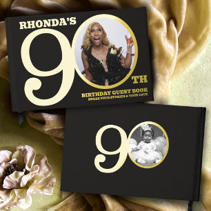 90th birthday custom two photos black gold guest book
