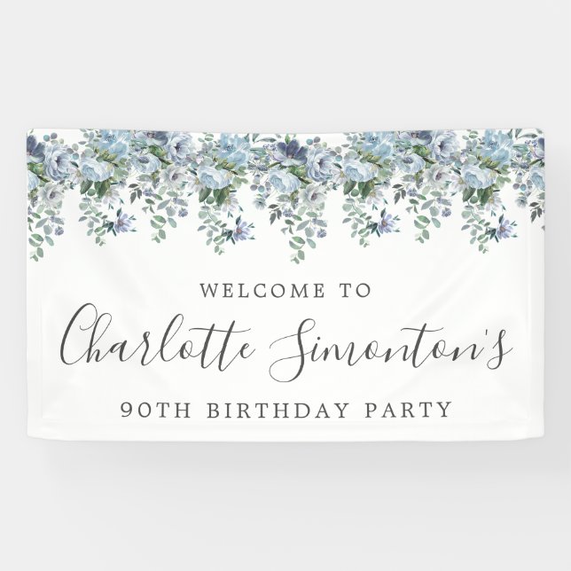 90th Birthday Dusty Blue Floral Welcome Banner (Horizontal)
