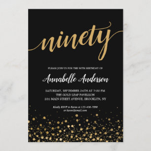 90th Birthday Elegant Black Gold Confetti Script Invitation