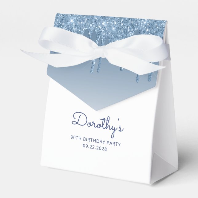 90th Birthday Elegant Blue Glitter Drip Script Favor Box (Front Side)