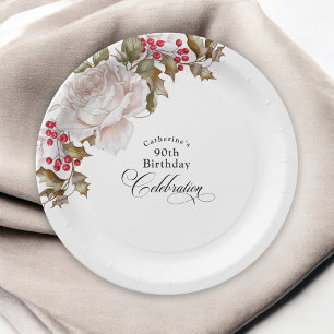90th Birthday Elegant December Winter Floral Paper Plate