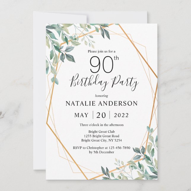 90th Birthday Elegant Eucalyptus Greenery and Gold Invitation (Front)