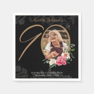 90th Birthday Elegant Floral Black Gold Custom Napkin
