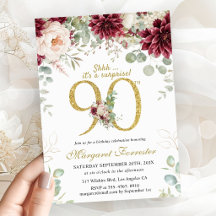 90th Birthday Elegant Floral Burgundy & Blush Pink